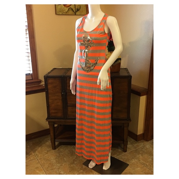 Women’s Striped  Nautical Sequin Anchor Maxi Dress - Picture 4 of 8